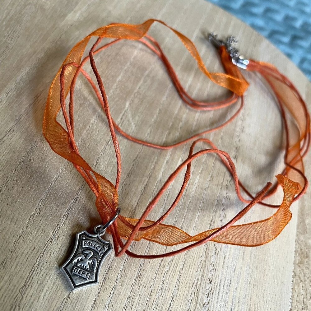 Police dept. orange cord ribbon necklace jewelry casual statement piece